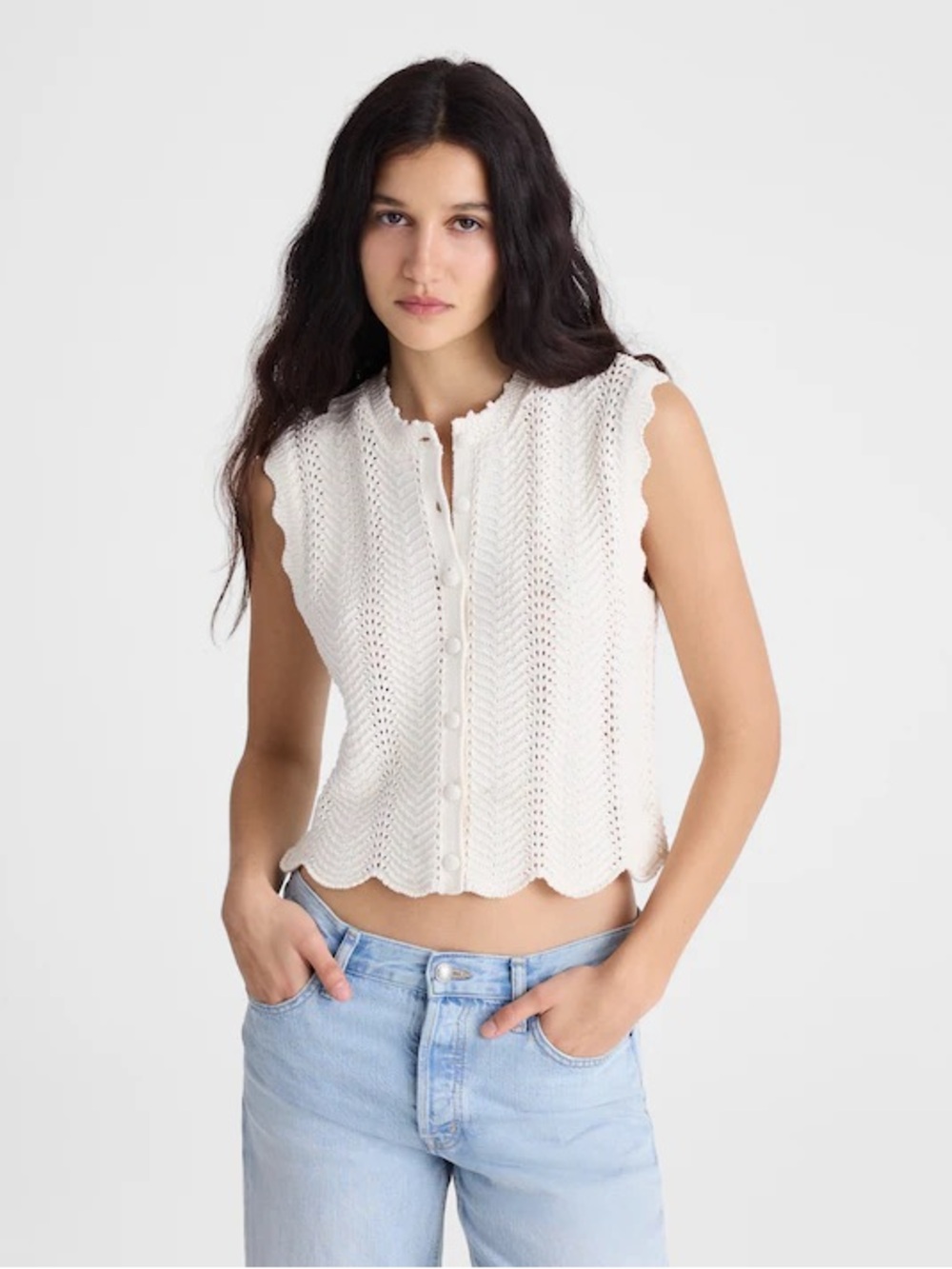 Madewell Wavy-Knit Button-Front Shell Top NWT Women's S Ivory $88 Cottage Boho